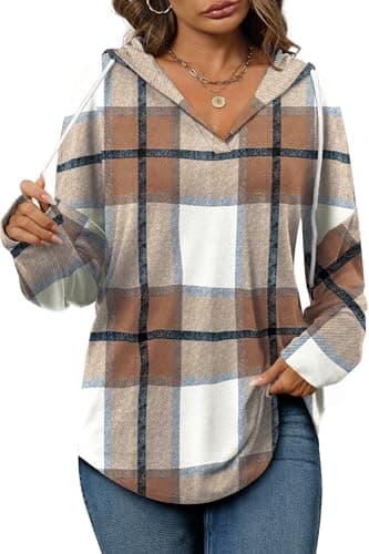 Women's Long Sleeve Sweatshirt Casual Pollover Hoodie Fall Tops Early Fashion Halloween Sweaters 2025 Trending Clothes Shirts L Brown Plaid - Image 2