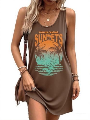 Sundresses for Women 2025 Summer Dresses Sunset Graphic Casual Beach Sun Dresses Vacation Cruise Outfits Brown XL - Image 1