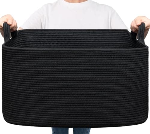 Goodpick Large Blanket Basket Living Room, 21.6" x 14.9" x 11.8" Woven Storage Basket for Blankets, Toys, Rectangle Rope Dirty Clothes Baskets for Nursery, Bedroom, Black - Image 1