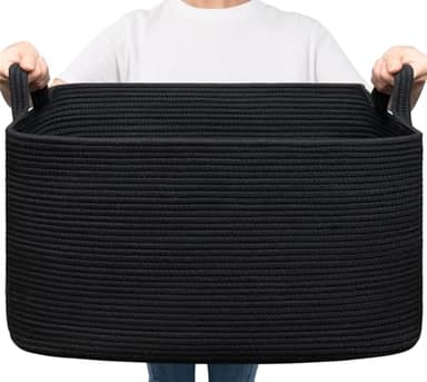 Goodpick Large Blanket Basket Living Room, 21.6" x 14.9" x 11.8" Woven Storage Basket for Blankets, Toys, Rectangle Rope Dirty Clothes Baskets for Nursery, Bedroom, Black - Image 1