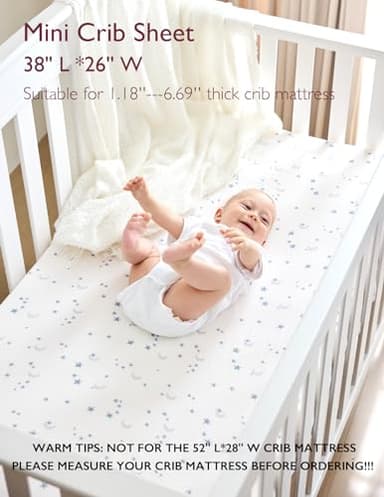 Momcozy Muslin Fitted Mini Crib Sheets, 38''x26'', 2 Pack Soft Breathable Natural Cotton Baby Mattress Sheet, 360° Mattress Wrapping No Slip Boys Girls Neutral Toddler Bed Sheet, Blue Star Moon - Image 2