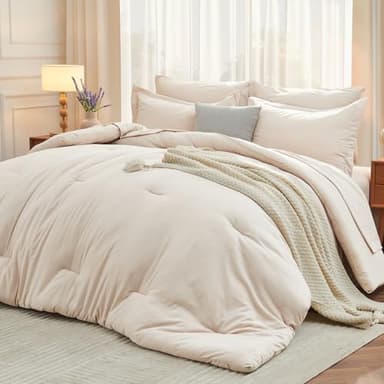 MUXHOMO 7 Pieces Queen Comforter Set, Soft Bed in a Bag Queen Size, All Season Bedding Set with Comforter, Flat Sheet, Fitted Sheet, Pillowcases & Shams, Beige - Image 1