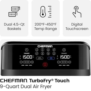 Chefman TurboFry Touch Dual Air Fryer, Maximize The Healthiest Meals With Double Basket Capacity, One-Touch Digital Controls And Shake Reminder For The Perfect Crispy And Low-Calorie Finish - Image 4