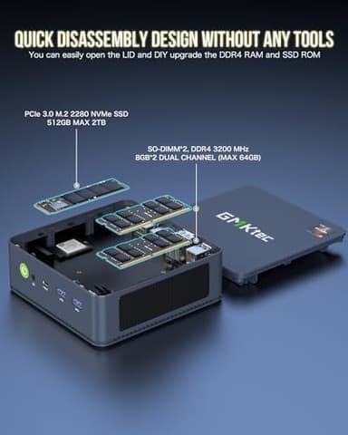 GMKtec Mini PC AMD Ryzen 7 5825U (Turbo 4.5GHz) Dual NIC 2.5G Gaming Desktop Computers 16GB DDR4 512GB SSD Dual LAN 2.5G/ WiFi 6E, USB3.2, USB-C, BT 5.2, DP, HDMI, Dual Fan - Image 5