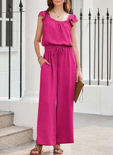 Dokotoo Lady Dressy Jumpsuits One Piece 2025 Summer Crew Neck Boho Jumpers Drawstrings Adjustable Waisted Petite Wide Leg Vacation Outfits Plus Size with Pockets,Rose X-Large - Image 2