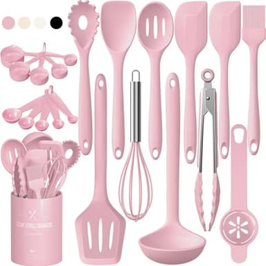 Umite Chef 22Pcs Silicone Cooking Utensils Set, Heat Resistant Silicone Kitchen Spatulas Set with Holder, Cooking Gadgets Tools Set for Nonstick Cookware, Dishwasher Safe(Pink) - Image 1