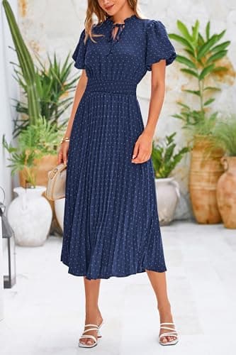 PRETTYGARDEN Summer Long Dresses for Women Puff Short Sleeve V Neck Swiss Dot Pleated A Line Casual Flowy Party Midi Dress (Navy,Large) - Image 8