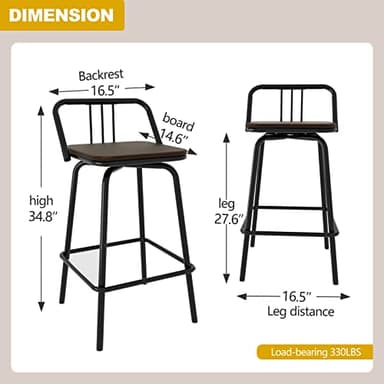 Bloddream Bar Stools, Swivel Counter Stools Set of 2 - Vintage Industrial Farmhouse Swivel Bar Stool - Kitchen Island Counter Bar High Chair(Walnut) - Image 2