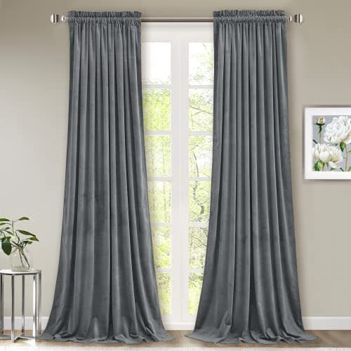 StangH Grey Velvet Curtains 96 inches Long Room Darkening Window Drapes for Living/Dining Room, Solid Rod Pocket Panels for French Door/Cottage, W52 x L96, 2 Panels - Image 1