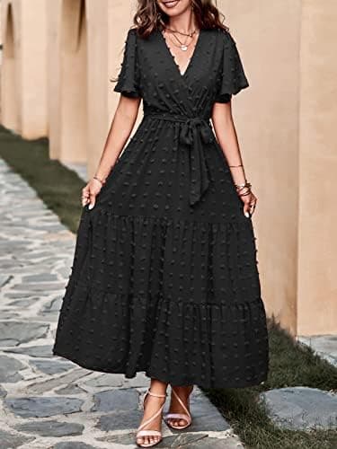 MASCOMODA Womens Summer Swiss Dot Maxi Dresses Wrap V Neck Flutter Short Sleeve Boho Casual Flowy Long Wedding Guest Dress - Image 4
