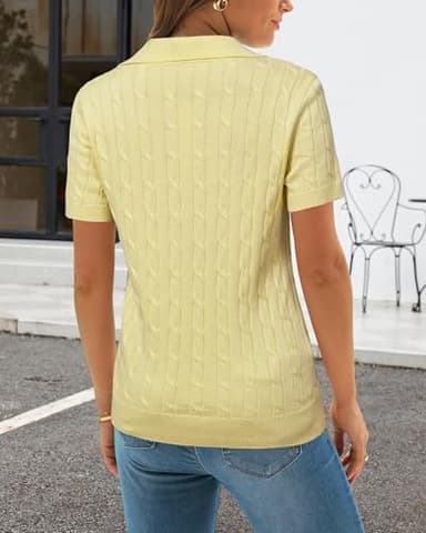 Arach&Cloz Women's Wool Blend Summer Tops Polo Shirts 2025 Cashmere Short Sleeve Cable Knit Spring Business Casual Outfits Trendy Collared Old Money Clothes Golf Work Blouse Sweater Yellow L - Image 4