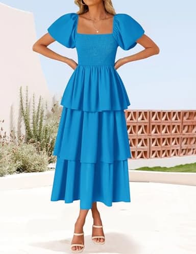ZESICA Women's 2025 Summer Boho Midi Dress Short Puff Sleeve Flowy A Line Tiered Beach Vacation Long Dresses,Blue,X-Large - Image 7