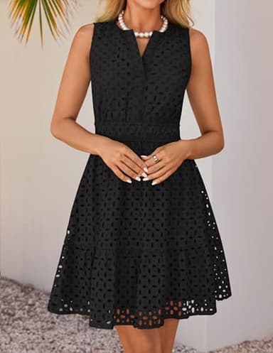 ZESICA Women's Summer Sleeveless Mini Dress V Neck Hollow Out Eyelet High Waist A Line Swing Short Party Dresses,Black,Medium - Image 3