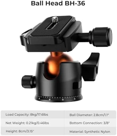 K&F CONCEPT 64 inch/163 cm Camera Tripod,Lightweight Travel Outdoor DSLR Tripods with 360 Degree Ball Head Load Capacity 17.6 lbs/8 kg,Cellphone Clip for Smartphone Live Streaming Vlog O234A1+BH-36 - Image 5