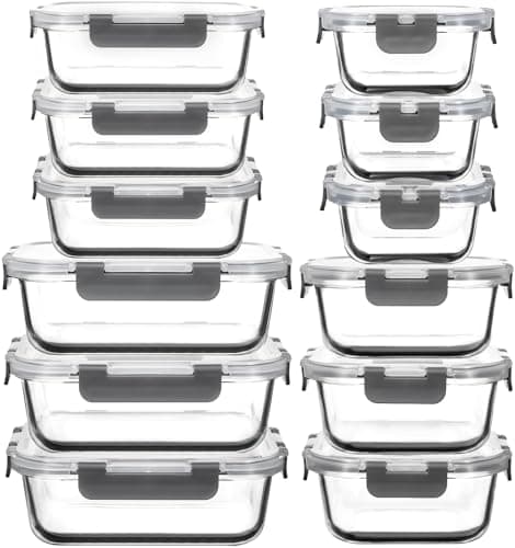 AILTEC 12 Pack Glass Food Storage Containers with Lids, Glass Meal Prep Containers Set with Leak Proof Lids, Airtight Lunch Container for Kitchen, Microwave, Oven, Freezer, Dishwasher Safe, Bpa free - Image 1