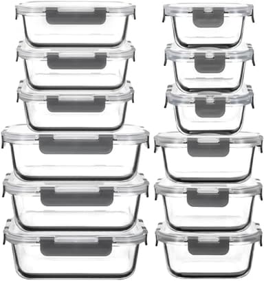 AILTEC 12 Pack Glass Food Storage Containers with Lids, Glass Meal Prep Containers Set with Leak Proof Lids, Airtight Lunch Container for Kitchen, Microwave, Oven, Freezer, Dishwasher Safe, Bpa free - Image 1