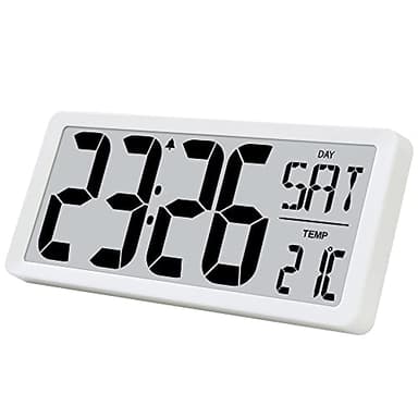 TXL 14.2" Large Digital Day Wall Clock, Custom 8 Languages Calendar, Count up-Down Timer and Temp Reminder, 12/24Hr Desktop Alarm Clock with Extra Large Display for Home Office Studio Hotel, White - Image 1