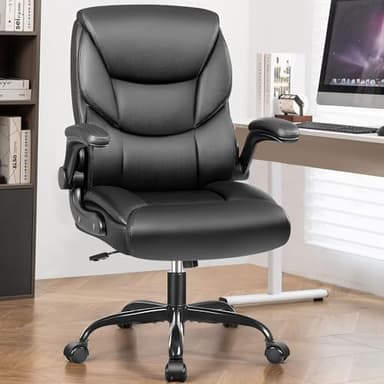 FelixKing Leather Office Chair - Small PU Ergonomic Desk Chair, Comfy Computer Chair with Wheels and Flip-up Armrests, Adjustable Height Mid Back Executive Office Chair for Short People-Black - Image 2