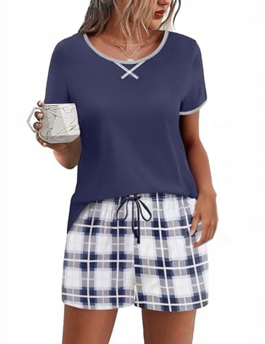 Ekouaer Women Pajama Set Casual Short Set Navy Blue and White Plaid XX-Large - Image 1