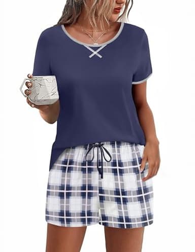 Ekouaer Women Pajama Set Casual Short Set Navy Blue and White Plaid XX-Large - Image 1