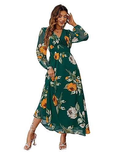Simplee Women Casual Boho Floral Maxi Dress V Neck Long Sleeve Wedding Guest Dress Flowy Holiday Beach Empire Waist Long Dresses (Medium Emerald Green) - Image 1