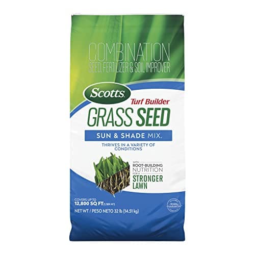 Scotts Turf Builder Grass Seed Sun and Shade Mix with Fertilizer and Soil Improver, Thrives in Many Conditions, 32 lbs. - Image 1