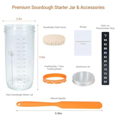 Sourdough Starter Jar Kit, 24oz Wide Mouth Glass Jar with Aluminum Lid, Silicone Scraper, Date Marked Feeding Band, Thermometer, Cloth Cover, Recipes, Sourdough Bread Baking Supplies - Image 3