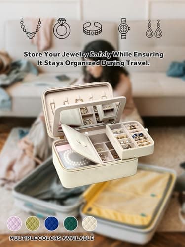 Lumayina Velvet Travel Jewelry Box with Large Mirror, Double-Layer Jewelry Organizer Case for Women and Girls, Portable Storage Case with 6 Anti-Tarnish Bags Gift Ready for Her (Beige) - Image 8