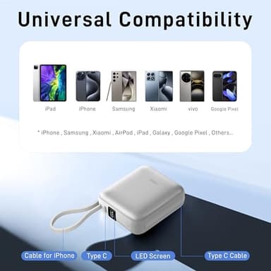 VINKO Portable Charger Power Bank, 10000mAh Travel Essentials Battery Pack, 22.5W Fast Charging USB C Charging Bank Built-in Cables Cords Wires Compatible with iPhone,Samsung,Android(White) - Image 7
