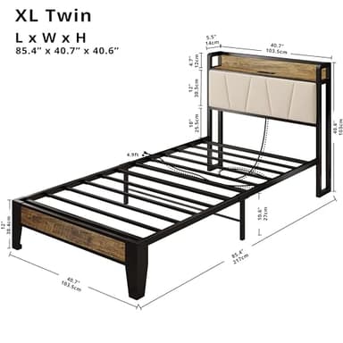 LIKIMIO Twin XL Bed Frames, Storage Headboard with Charging Station, Solid and Stable, Noise Free, No Box Spring Needed, Easy Assembly (Walnut and Beige) - Image 2