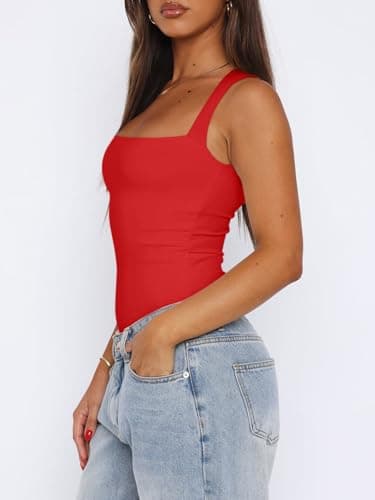 REORIA Womens Summer Sexy Sleeveless Square Neck Double Lined Going Out Cute Thong Bodysuit Tank Tops Flame Scarlet X-Small - Image 3