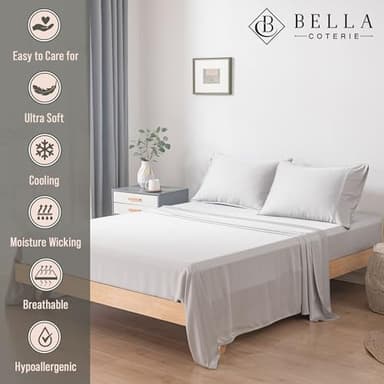 Bella Coterie Luxury Bamboo Viscose Queen Size Sheet Set | 100% Organically Grown | Ultra Soft | Cooling for Hot Sleepers | 18" Deep Pocket [Grey Mist] - Image 2