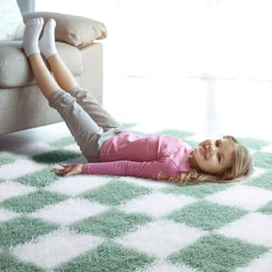KICMOR Fluffy Sage Green and White Rugs Living Room Carpet, 5x7 Large Fuzzy Checkered Shag Area Rug for Bedroom Aesthetic, Furry Soft Plush Shaggy Rug for Nursery Kids Girls Boys Room Home Decor - Image 7
