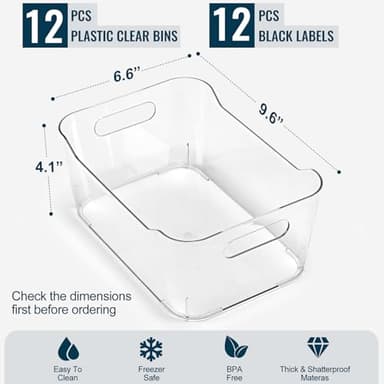 12 PACK Multi-Use Clear Plastic Storage Bins for Organizing w/ Labels - Home, Kitchen, Bathroom, Office, Pantry Cabinet Shelf Organizer Bins - SOHO Collection, RV, Fridge Organization Containers - Image 3