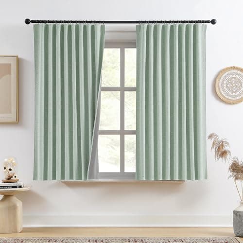 RAIN CITY Light Green Linen Blackout Curtains 45 Inch Long for Living Room,2 Panels Pinch Pleated Drape with Hooks Back Tab Boho Decor, Textured Full Black Out Curtains for Bedroom 50 x 45 - Image 1