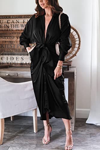 BTFBM Maxi Dresses for Women Fall 2025 Long Sleeve Lapel Neck Button Down Elegant Satin Belted Ruched Summer Shirt Dress(Black, X-Large) - Image 3