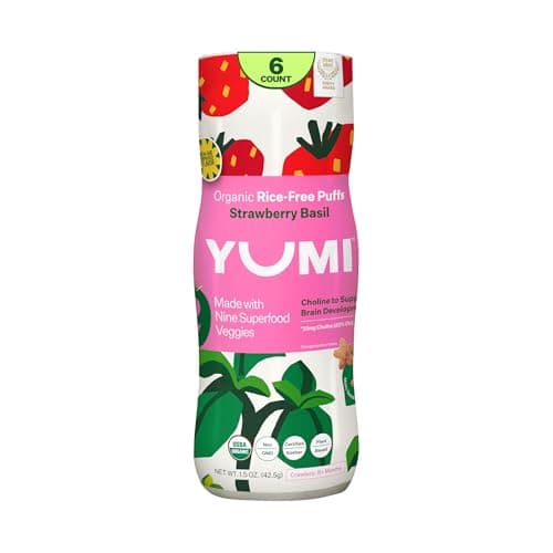 YUMI Rice-Free Baby Puffs - No Sugar Added, Gluten-Free, Non-GMO Organic Baby Snacks Puffs, School Safe for Daycare and Lunchboxes - Alternative to Baby Teething Snacks, Strawberry Basil (6ct.) - Image 1