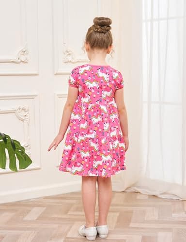 Little Girl Summer Dress Clothes Unicorn Easter Rainbow Short Sleeve Casual Twirly Tiered Swing Smocking Dresses Playwear Sundress Clothing Outfits Pink Horses 6-7 Years - Image 5