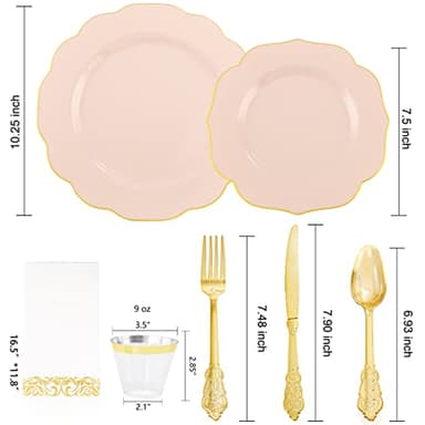 NOCCUR 175PCS Pink Plates with Gold Disposable Silverware - Include 50 Pink Plastic Plates,25 Knives,25 Forks,25 Spoons,25 Cups and 25 Napkins - Ideal for Wedding/Party - Image 3