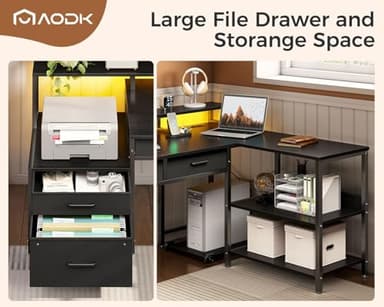 AODK L Shaped Desk with 5 File Drawers, 66" Reversible L Shaped Computer Desk with Power Outlet & LED Strip, Office Desk with Storage Shelves, Gaming Desk with Monitor Shelf, Corner Desk, Black - Image 6