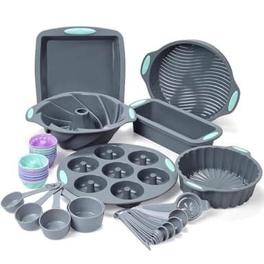 Tongjude 47 Pieces Silicone Baking Pans Set, 6 Silicone Cake Molds, Loaf Pan, Doughnut Pans, Non-Stick Baking Cup, with Measuring Cups and Spoons Set, Grey - Image 1
