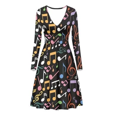 QUJUFOZY Colored Music Fun Teacher Dresses Flowy Short Dress Women Long Sleeves Printed Dress Vintage Style A-Line Party Dresses Preppy Clothes Dresses for Women Short -L - Image 2