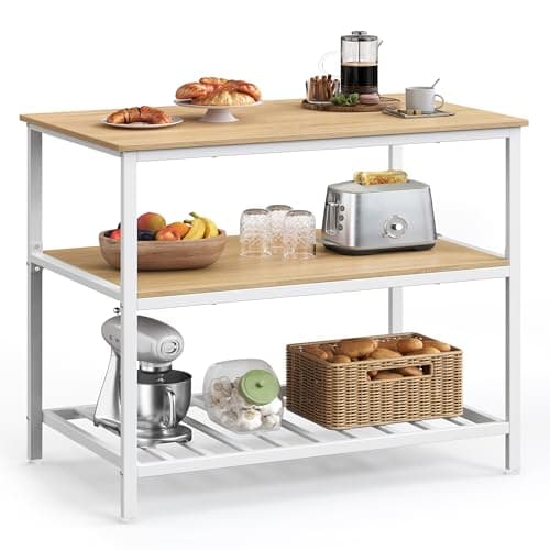 VASAGLE Kitchen Island with 3 Shelves, 39.4 Inches Width Kitchen Shelf with Large Worktop, Stable Steel Structure, Industrial, Easy to Assemble, Oak Color and White UKKI005W09 - Image 1