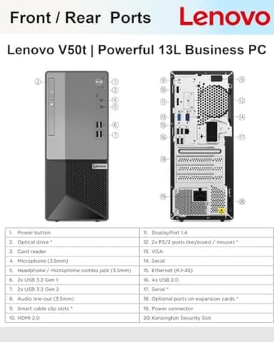 Lenovo V50t Business Tower Desktop| Intel Core-i5 Processor| 64GB RAM, 2TB Storage (1TB SSD & 1TB HDD)| 4K 3-Monitor Support (DisplayPort, HDMI, VGA)| DVD-RW| Wi-Fi| Bluetooth| RJ-45 | Windows 11 Pro - Image 3