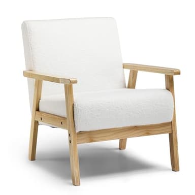 COMHOMA Mid Century Modern Accent Chair, Upholstered Living Room Chairs with Solid Wood Armrest, Comfy Reading Armchair for Bedroom, Sunroom, Balcony (Straight Armrests, White) - Image 1