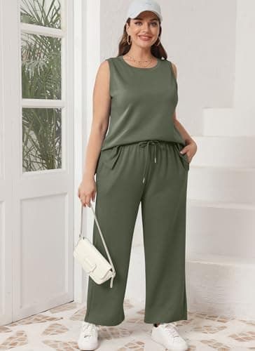 XIEERDUO Womens Two Piece Outfits Summer Travel Tracksuit Sleeveless Vacation Loungewear Spring Sweat Suit Wide Leg Pants Matching Lounge Set Green XL - Image 4