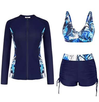 Rash Guard Swimwear Set for Women Long Sleeve 3 Piece UPF 50+ Surfing Swim Tee SPF Shirts with Built in Bra Dark Blue S - Image 1