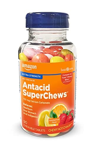 Amazon Basic Care Chewy Bites Chewable Antacid Tablets for Ultra Strength Heartburn Relief, Assorted Fruit, 90 count - Image 1