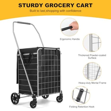 Shopping Cart with 360° Rolling Swivel Wheels, Portable Utility Cart for Grocery, Folding Shopping Cart with Waterproof Basket Liner, Collapsible Cart 120lbs, Sliver - Image 2