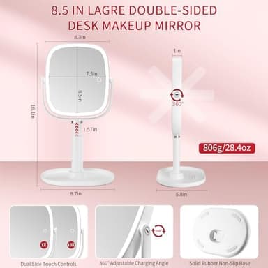 Lighted Makeup Mirror, 2600mAh Rechargeable 1x/10x Magnifying Vanity Mirror, 8.5" Height Adjustable Makeup Mirror with Lights 3 Color, 360° Rotation 2-Sided Light up Large Desk Mirror, Gifts for Women - Image 6